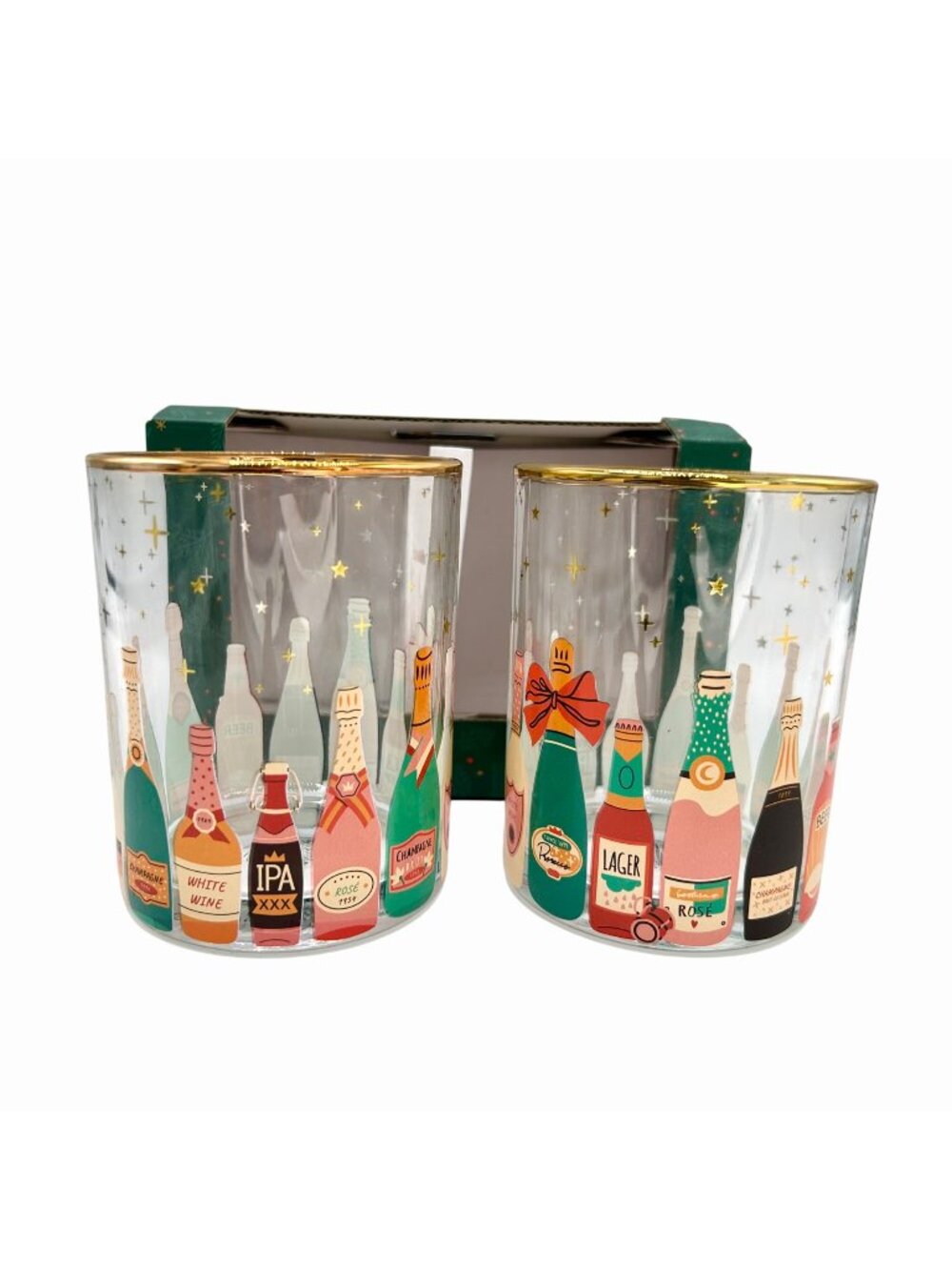 NWT NORDSTROM TMD SET OF 2 GOLD RIM CHAMPAGNE BOTTLE DESIGN ROCKS GLASSES